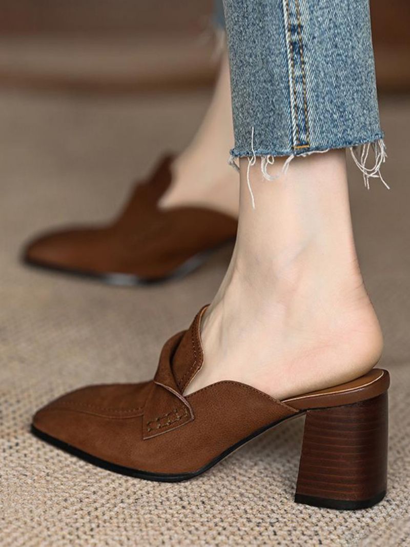 Kvinders Mule Loafers Chunky Heel Square Toe Rygløse Mules - Kaffe Brun