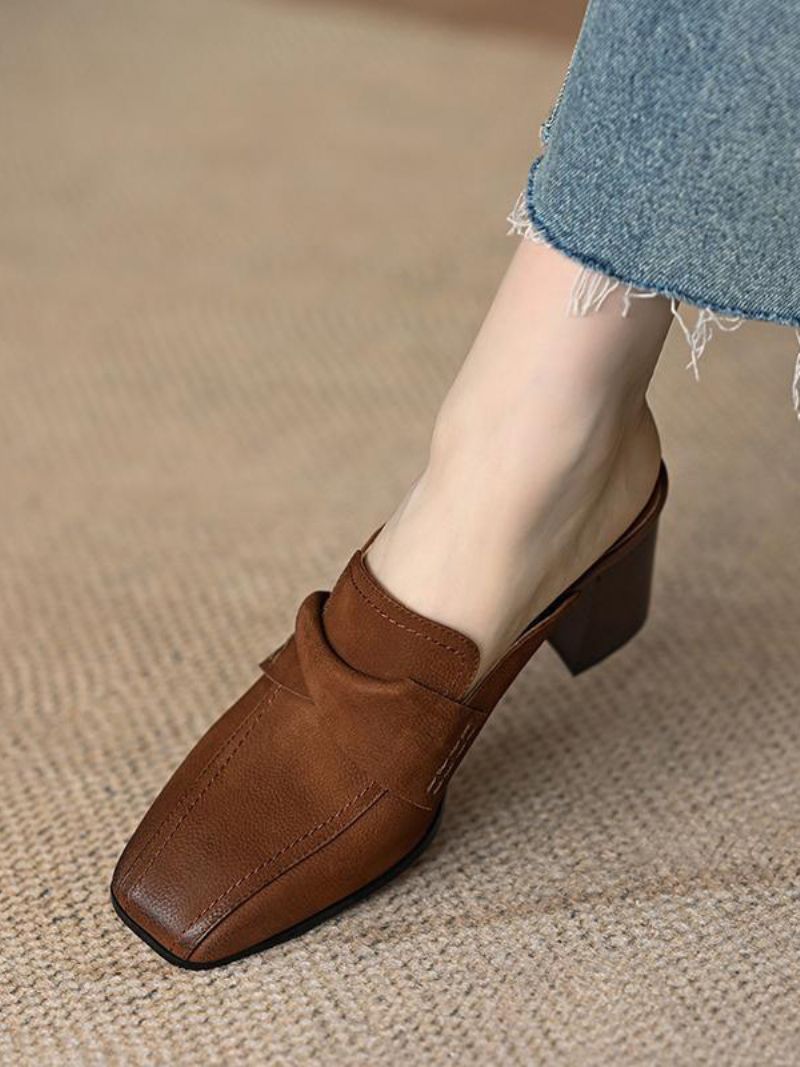 Kvinders Mule Loafers Chunky Heel Square Toe Rygløse Mules - Kaffe Brun