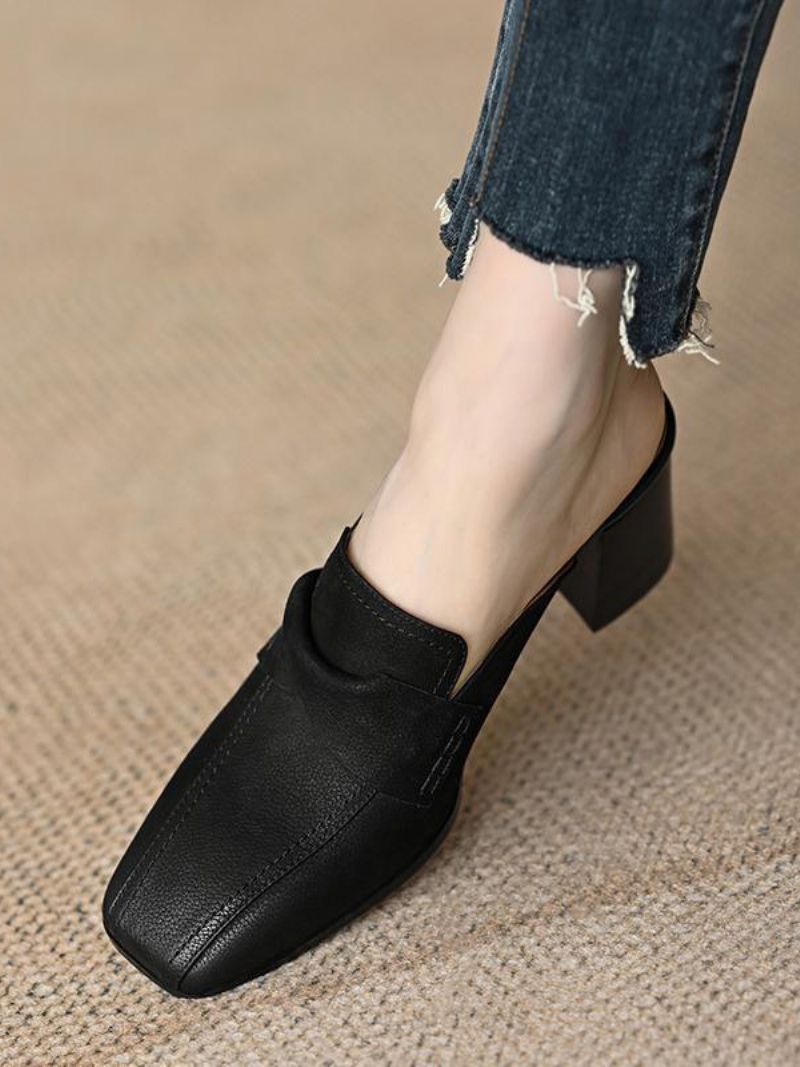 Kvinders Mule Loafers Chunky Heel Square Toe Rygløse Mules - Sort