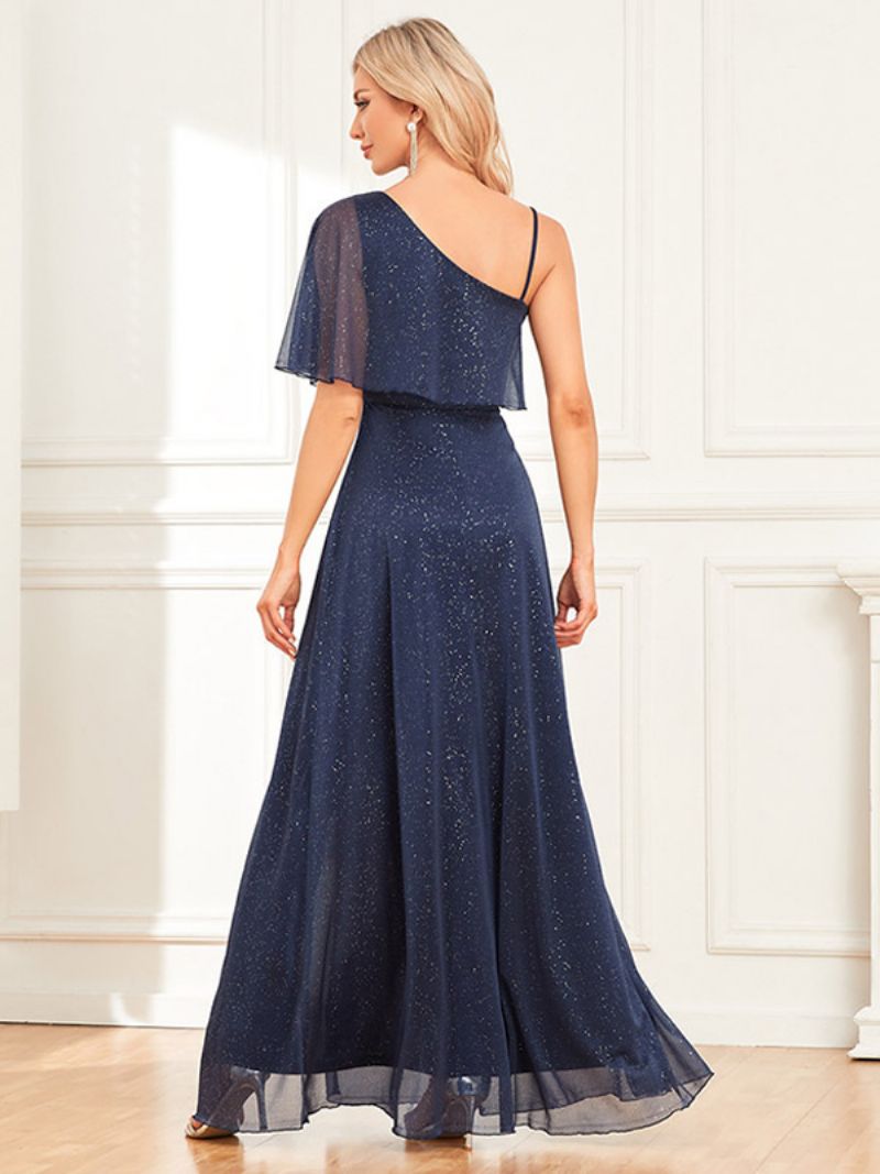 Kvinders One Shoulder Paillet-festkjole Med Høj Slids A-linje Elegante Gallakjoler - Dark Navy