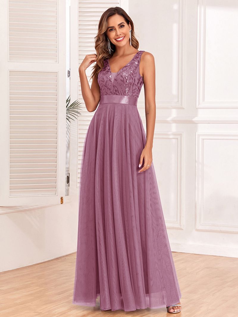 Kvinders Pailletter Kjole Ærmeløs Empire Talje A-line Elegante Prom Maxi Kjoler - Harm Pink