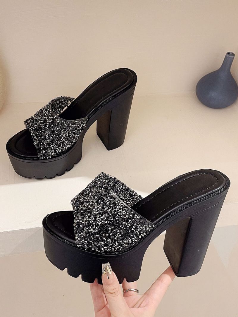 Kvinders Pailletter Slingbacks Chunky Heel Mules Pu Læder Sort - Sort