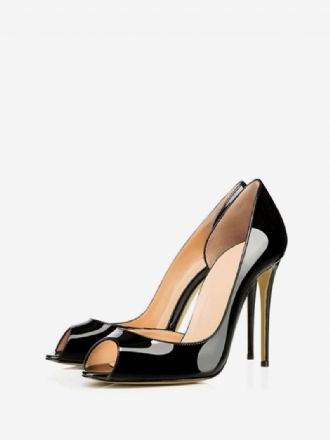 Kvinders Peep Toe Heels Laklæder Stiletto High Heel Pumps I Sort