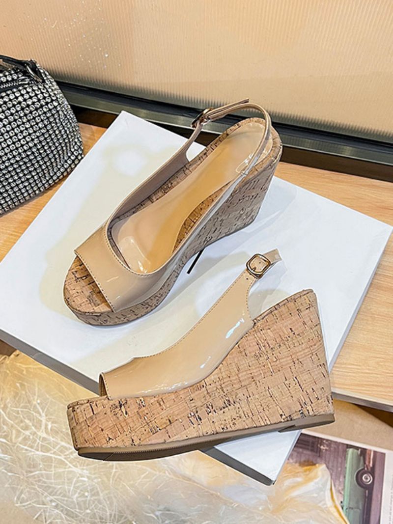 Kvinders Peep Toe Patent Lædersandaler Hvide Kilesandaler - Lysegul