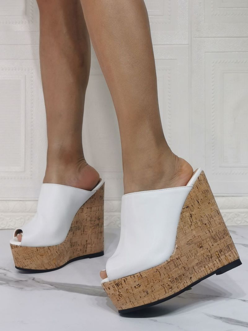 Kvinders Peep Toe Platform Wedge Mules - Hvid