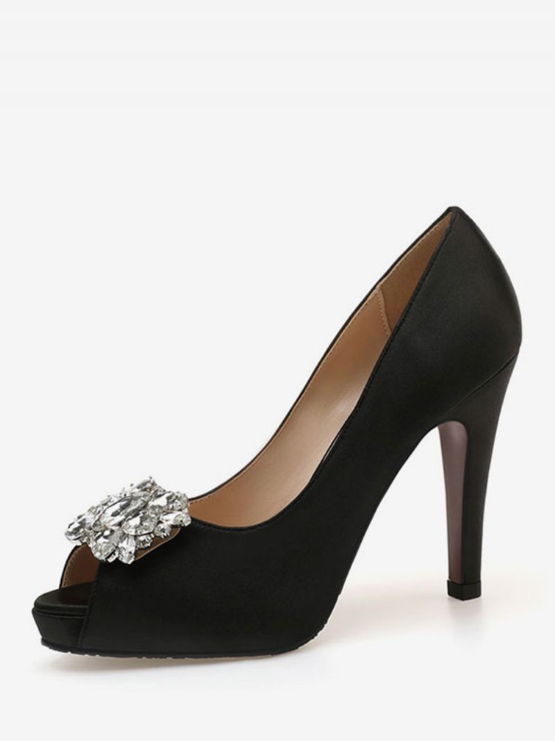 Kvinders Peep Toe Rhinestone Brudesko Pumps Med Hæle - Sort