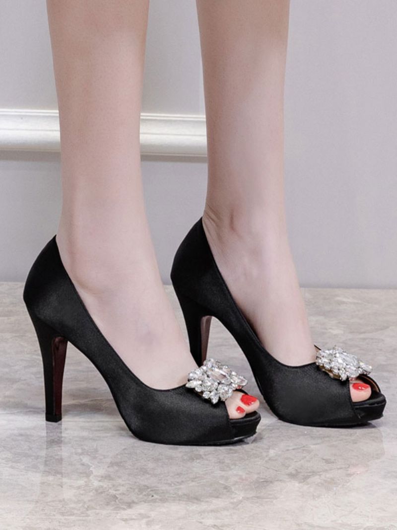 Kvinders Peep Toe Rhinestone Brudesko Pumps Med Hæle - Sort