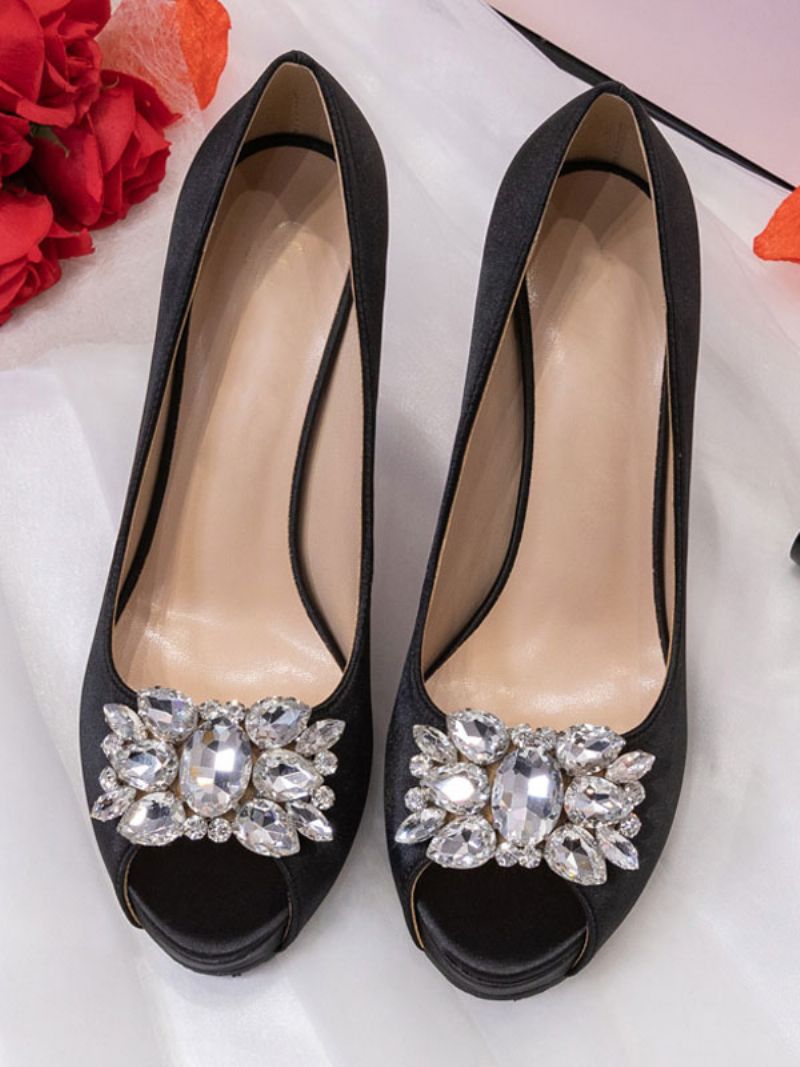 Kvinders Peep Toe Rhinestone Brudesko Pumps Med Hæle - Sort