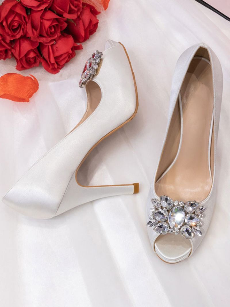 Kvinders Peep Toe Rhinestone Brudesko Pumps Med Hæle - Hvid