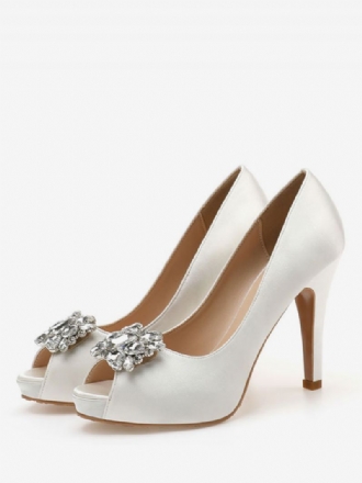 Kvinders Peep Toe Rhinestone Brudesko Pumps Med Hæle