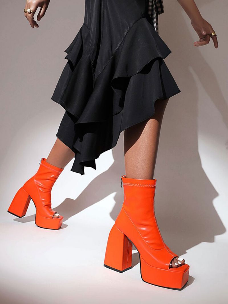 Kvinders Peep Toe Sommerstøvler Platform Chunky Hæle - Orange