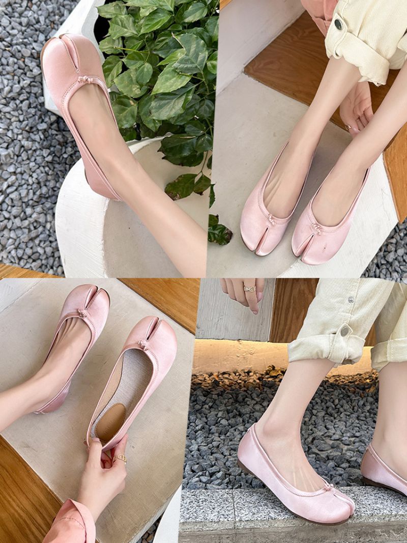 Kvinders Pink Ballerina Flats Split Front Rund Toe Satin Ballet - Pink