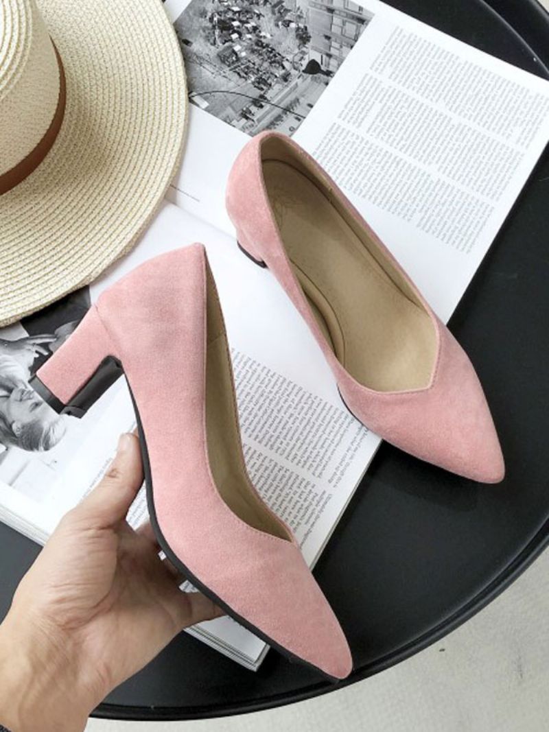 Kvinders Pink Komfortable Chunky Heels Spidstå Pumps Med Lav Hæl - Pink