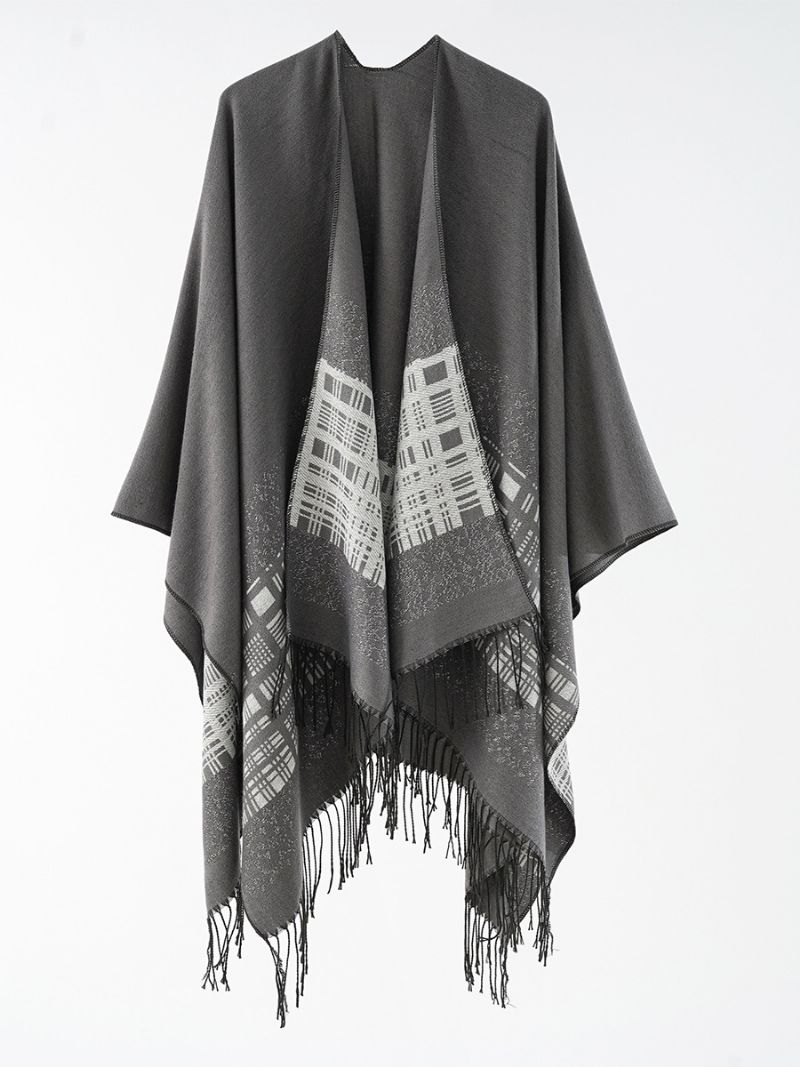 Kvinders Plaid Poncho Forår Efterår Daglig Casual Med Frynser - Deep Grey