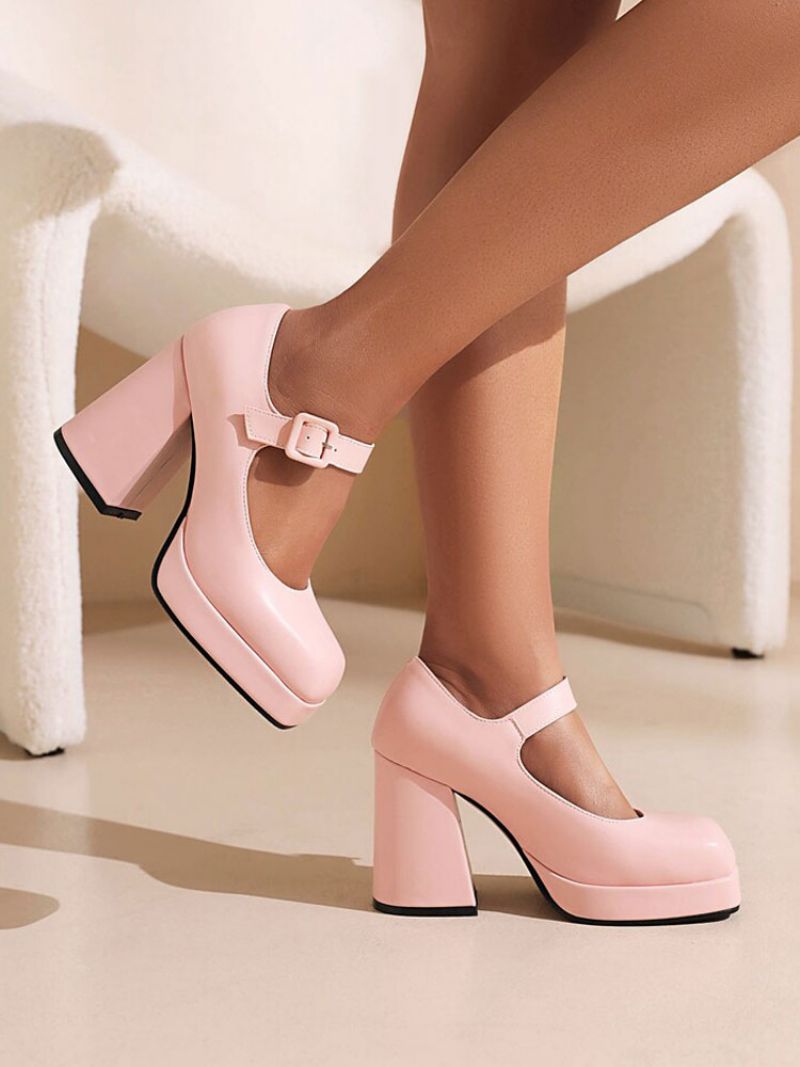 Kvinders Platform Chunky Hæl Mary Jane Pumps - Pink