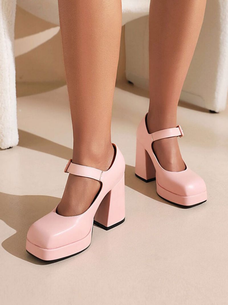 Kvinders Platform Chunky Hæl Mary Jane Pumps - Pink