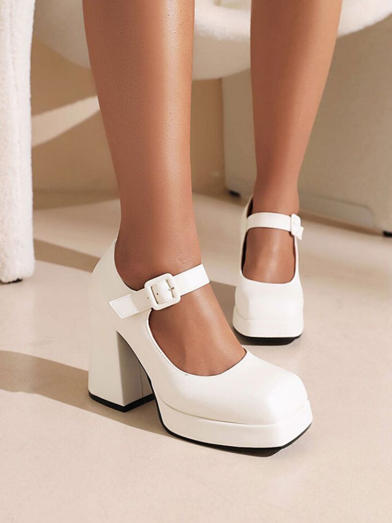 Kvinders Platform Chunky Hæl Mary Jane Pumps - Hvid