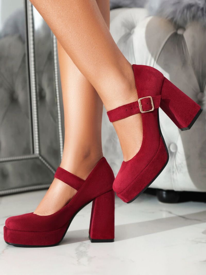 Kvinders Platform Pumps Square Toe Chunky Heel Spænde Strappy Mary Jane