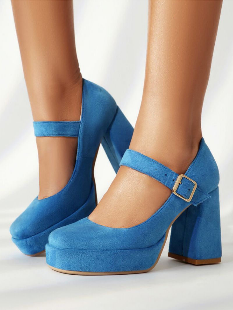 Kvinders Platform Pumps Square Toe Chunky Heel Spænde Strappy Mary Jane - Blå