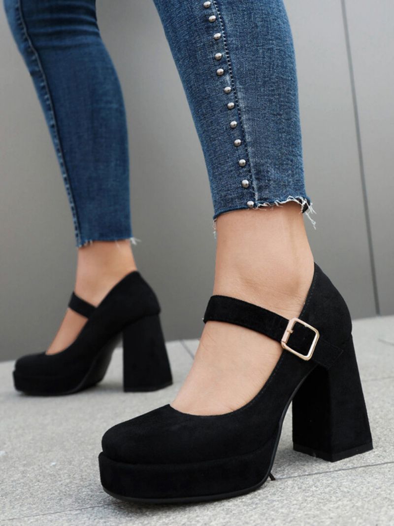 Kvinders Platform Pumps Square Toe Chunky Heel Spænde Strappy Mary Jane - Sort