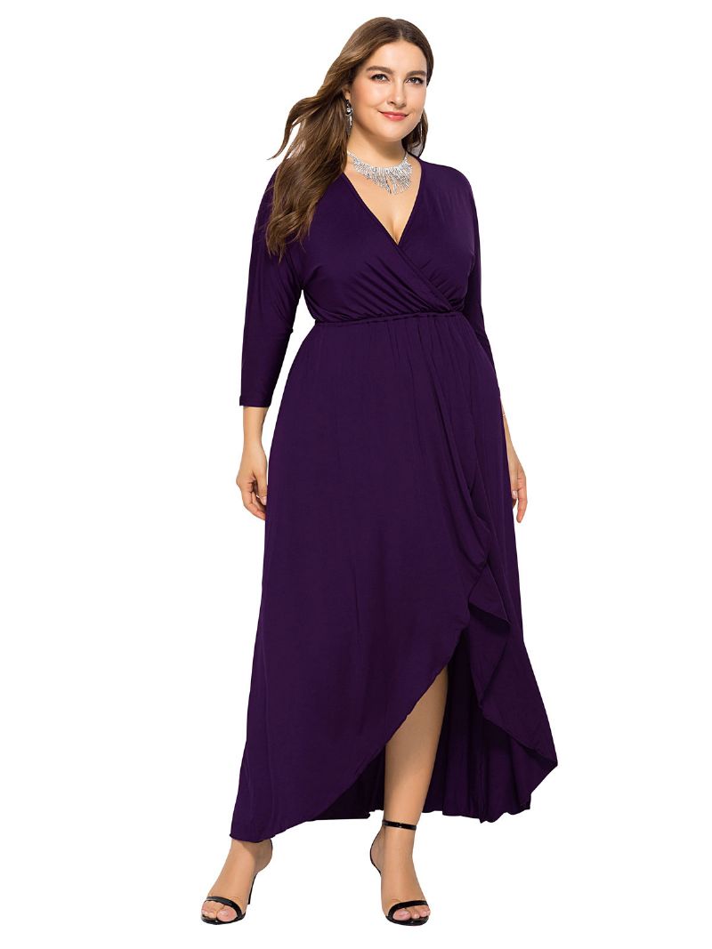 Kvinders Plus Size Maxikjole Beep Blue Langærmede V-hals Oversized Lang Kjole - Lilla