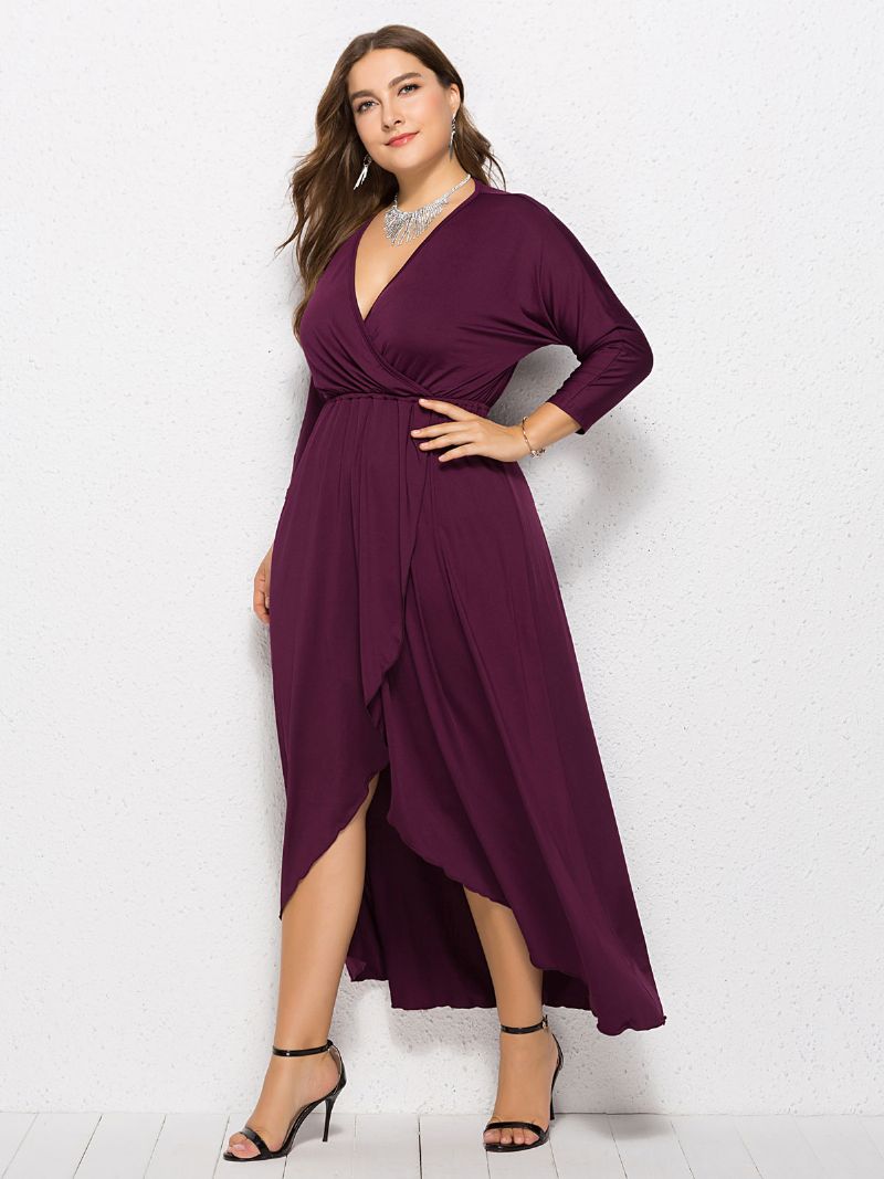 Kvinders Plus Size Maxikjole Beep Blue Langærmede V-hals Oversized Lang Kjole - Fuchsia