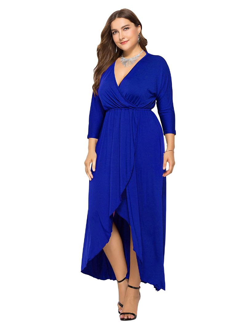 Kvinders Plus Size Maxikjole Beep Blue Langærmede V-hals Oversized Lang Kjole - Kongeblå