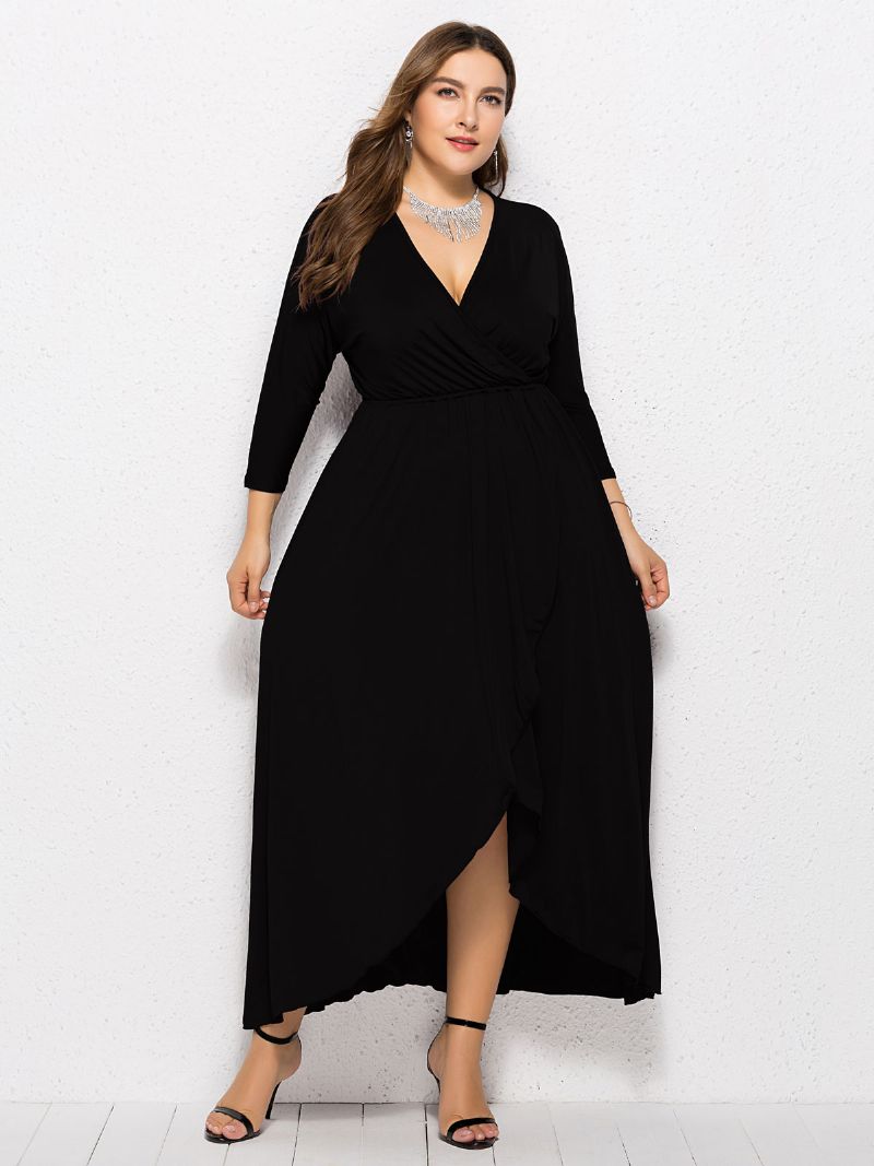 Kvinders Plus Size Maxikjole Beep Blue Langærmede V-hals Oversized Lang Kjole - Sort