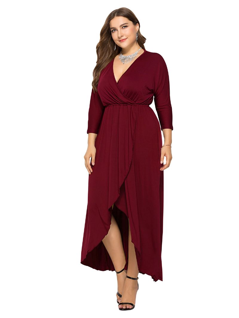 Kvinders Plus Size Maxikjole Beep Blue Langærmede V-hals Oversized Lang Kjole - Burgunder