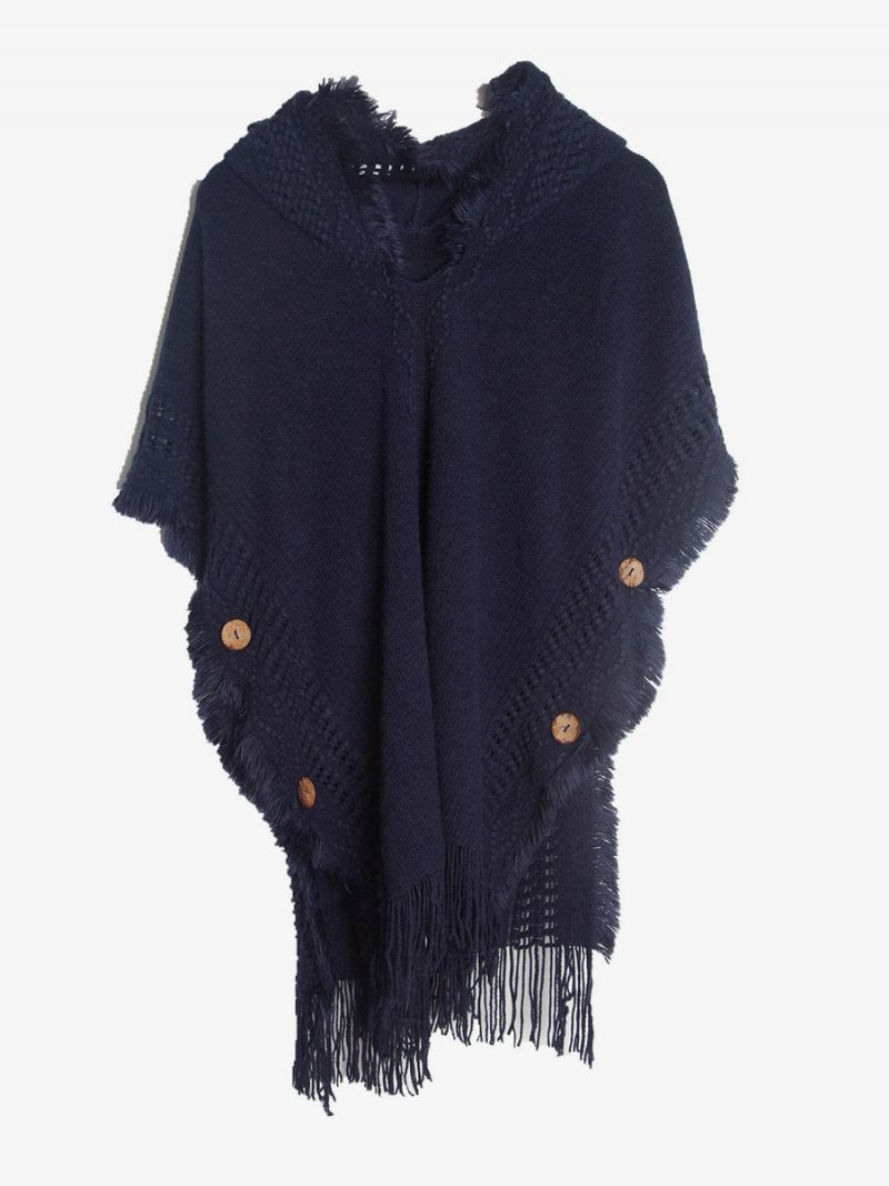 Kvinders Poncho Hooded Hallow Fringe Trim Oversized Knit Cape - Mørk Navy