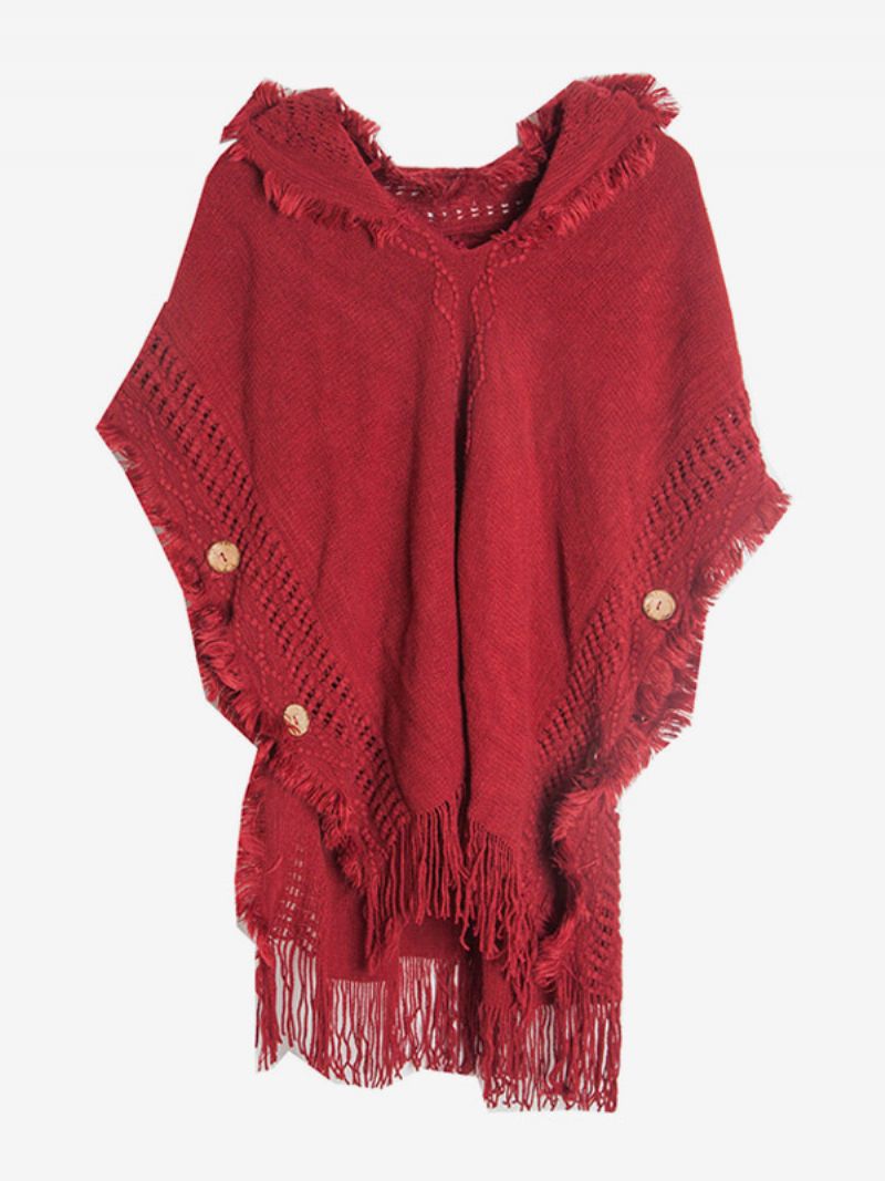 Kvinders Poncho Hooded Hallow Fringe Trim Oversized Knit Cape - Rød