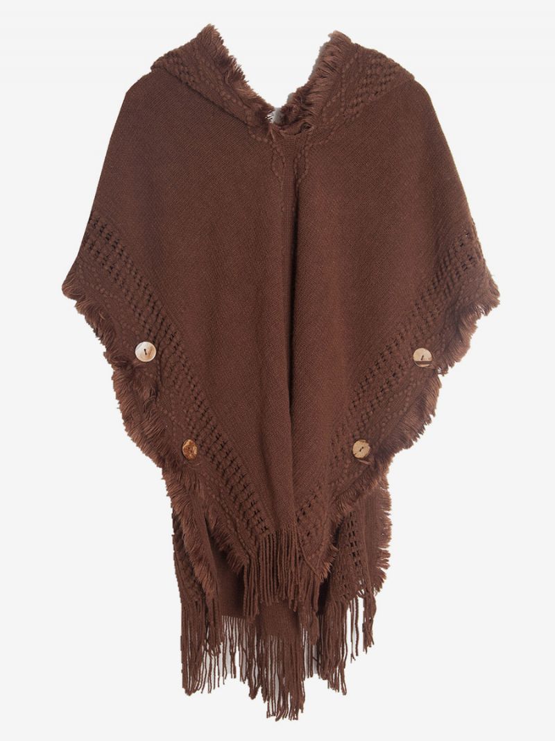 Kvinders Poncho Hooded Hallow Fringe Trim Oversized Knit Cape - Kaffebrun