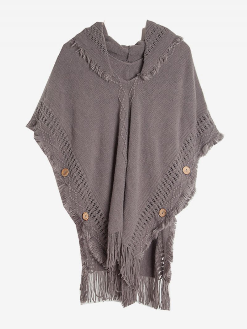 Kvinders Poncho Hooded Hallow Fringe Trim Oversized Knit Cape - Grå