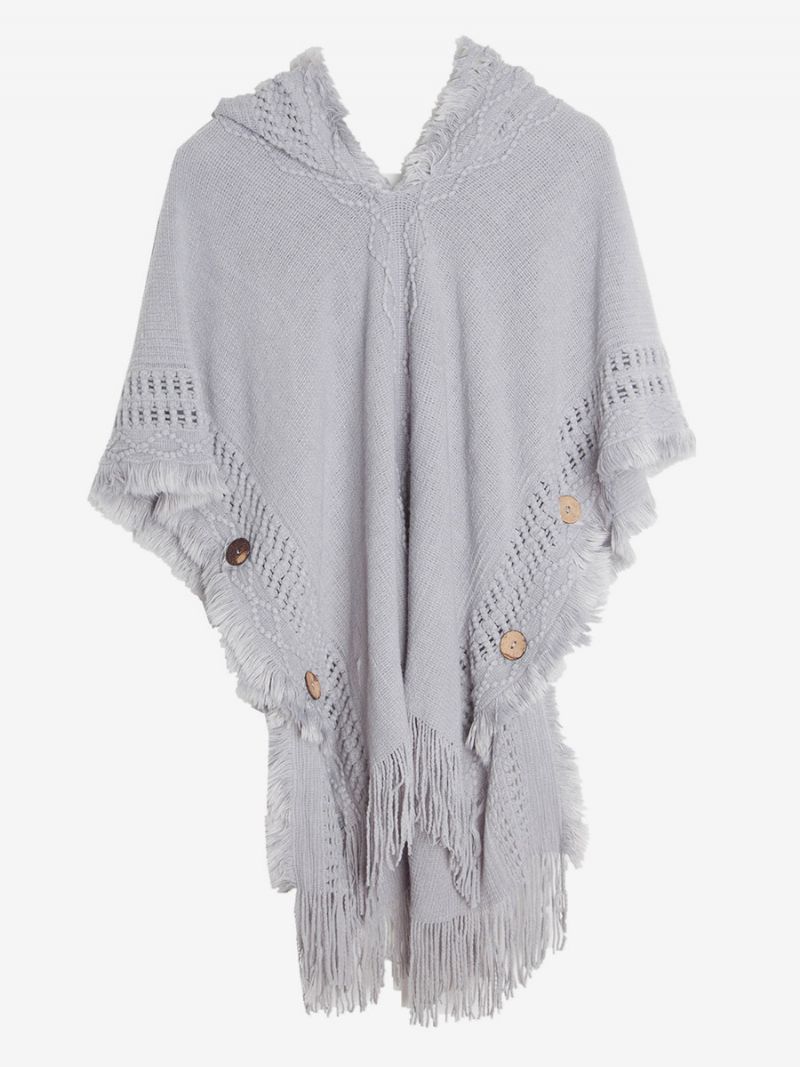 Kvinders Poncho Hooded Hallow Fringe Trim Oversized Knit Cape - Lysegrå