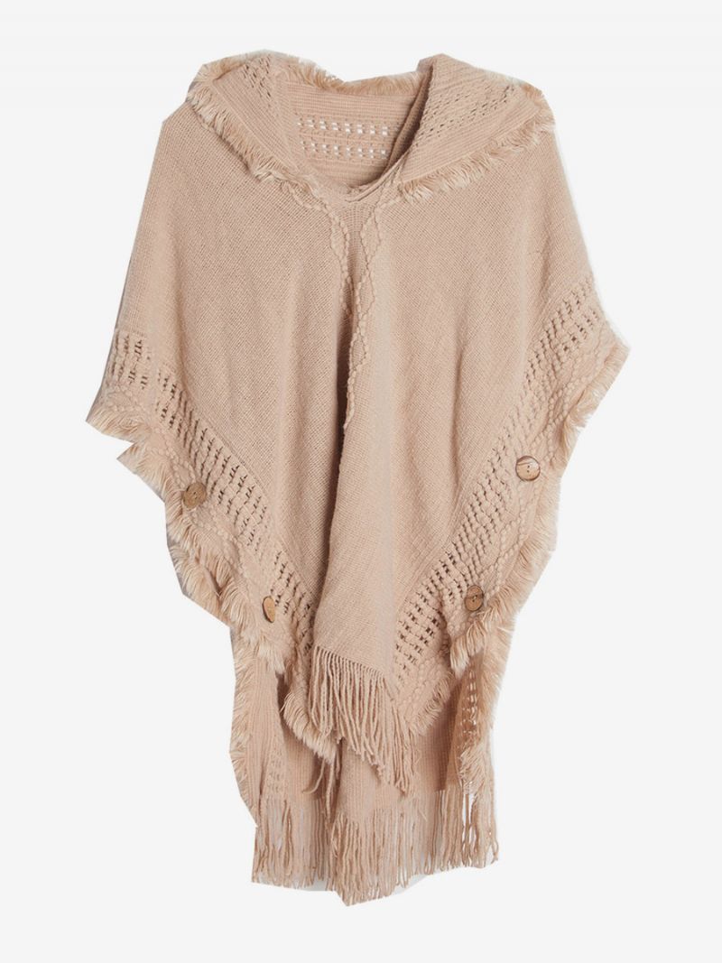 Kvinders Poncho Hooded Hallow Fringe Trim Oversized Knit Cape - Kamel