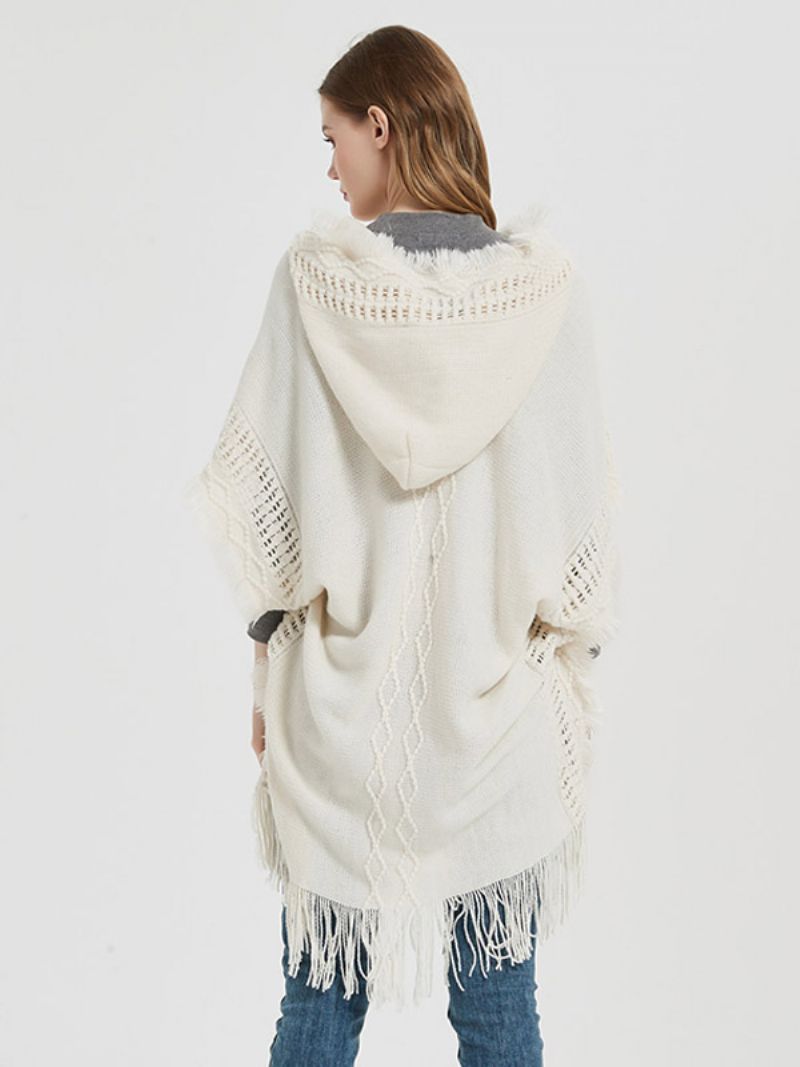 Kvinders Poncho Hooded Hallow Fringe Trim Oversized Knit Cape - Beige