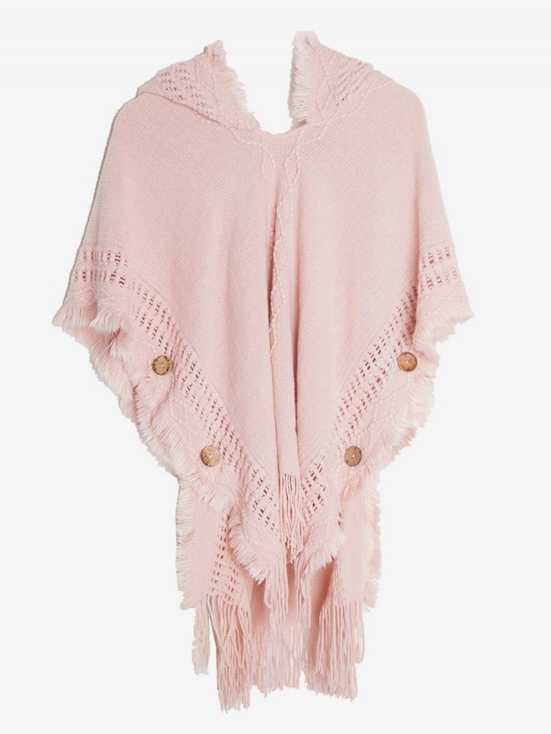 Kvinders Poncho Hooded Hallow Fringe Trim Oversized Knit Cape - Pink