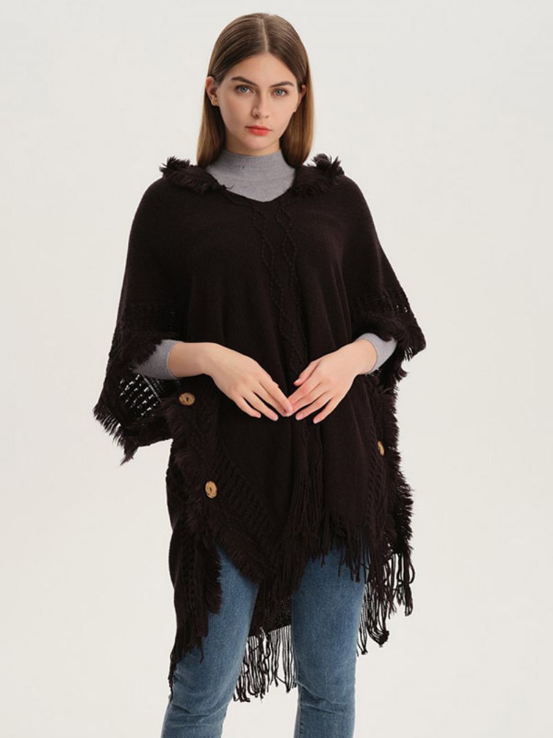 Kvinders Poncho Hooded Hallow Fringe Trim Oversized Knit Cape - Sort