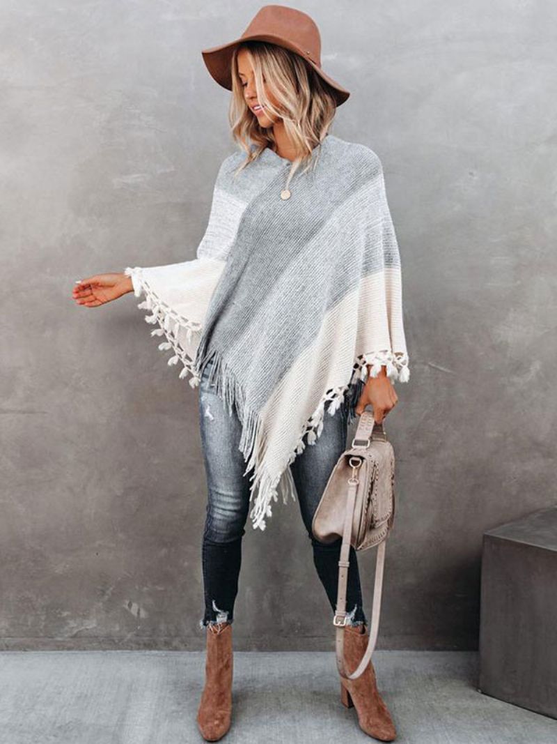 Kvinders Poncho V-hals Grå Layered Fringe Cape Spring Ydertøj