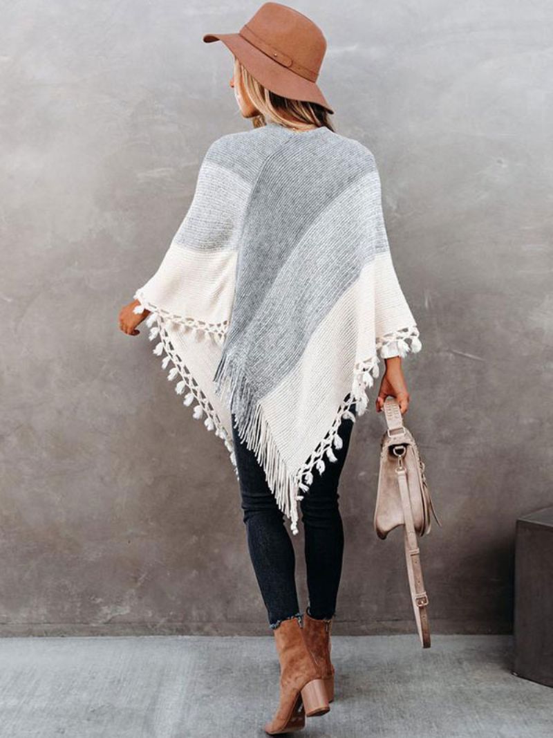 Kvinders Poncho V-hals Grå Layered Fringe Cape Spring Ydertøj - Grå