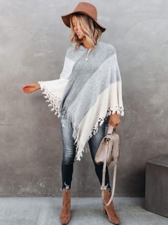 Kvinders Poncho V-hals Grå Layered Fringe Cape Spring Ydertøj