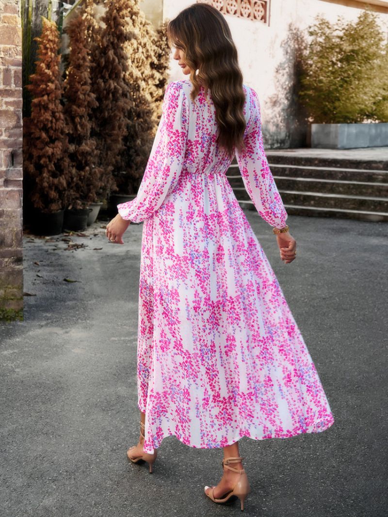 Kvinders Printede Kjole V-hals Lange Ærmer Faux Wrap Elegante Casual Maxi Kjoler - Rose