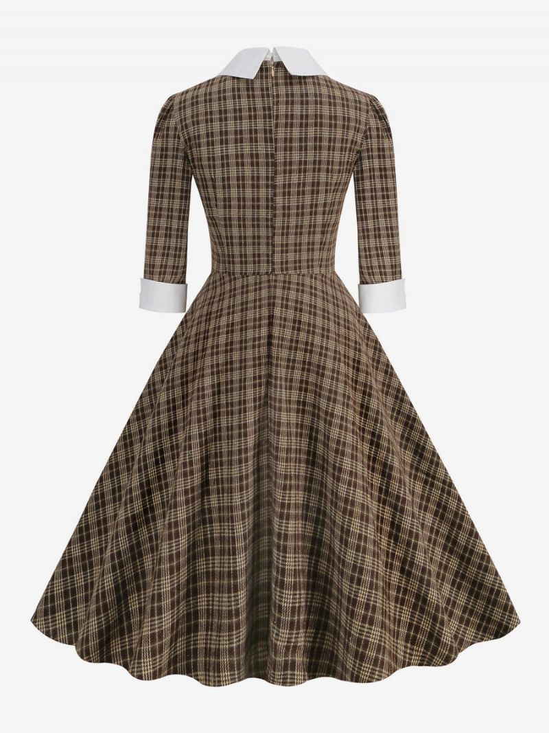 Kvinders Retro Kjole Sløjfer Skotsk Plaid Audrey Hepburn Stil Elegante Kjoler - Kaffe Brun