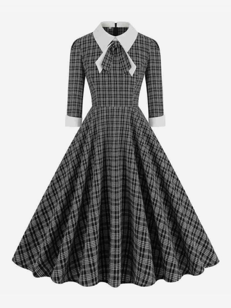 Kvinders Retro Kjole Sløjfer Skotsk Plaid Audrey Hepburn Stil Elegante Kjoler - Sort