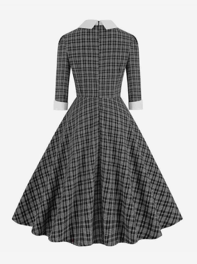 Kvinders Retro Kjole Sløjfer Skotsk Plaid Audrey Hepburn Stil Elegante Kjoler - Sort