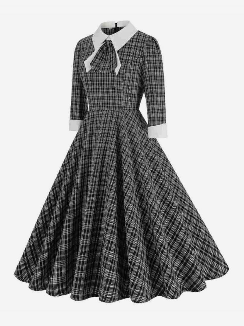 Kvinders Retro Kjole Sløjfer Skotsk Plaid Audrey Hepburn Stil Elegante Kjoler - Sort