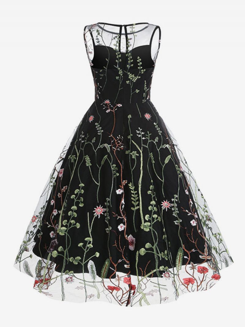 Kvinders Retrokjole 1950'erne Audrey Hepburn-stil Blå Blomstertryk Gennemsigtigt Broderet Ærmeløs Juvelhals Rockabilly-kjole - Sort