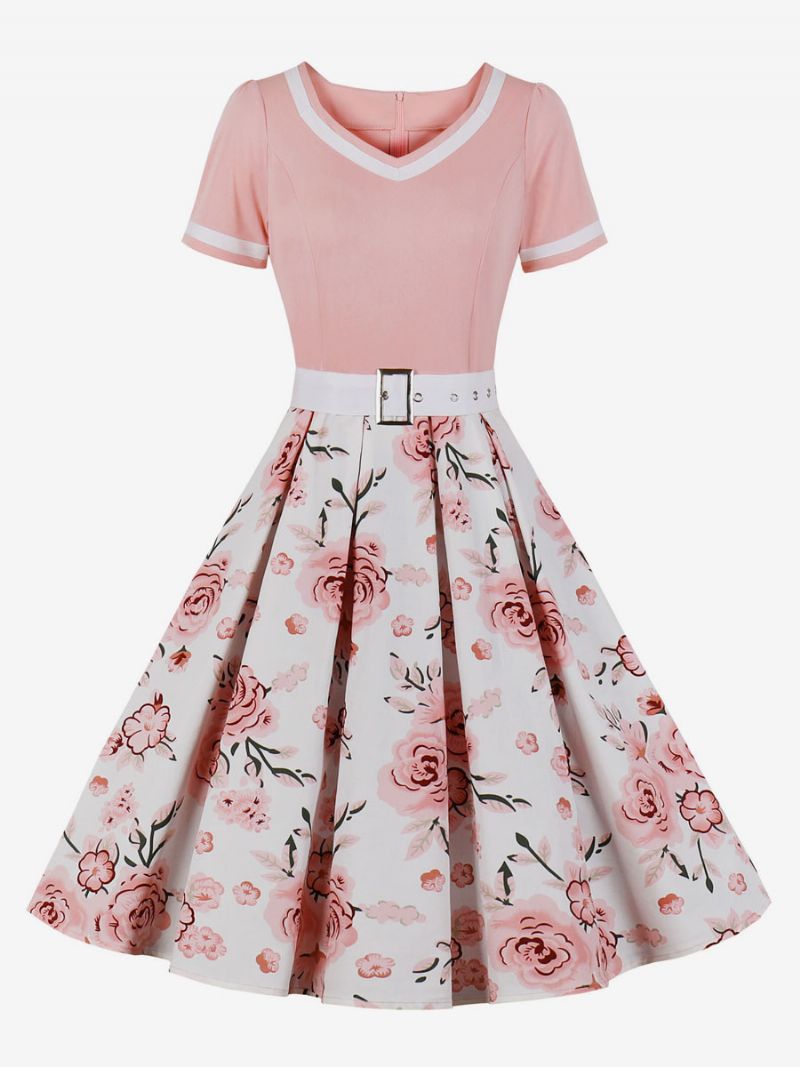 Kvinders Retrokjole 1950'erne Audrey Hepburn-stil Grøn Blomsterprint Lagdelt Skærf Korte Ærmer V-hals Svingkjole - Pink