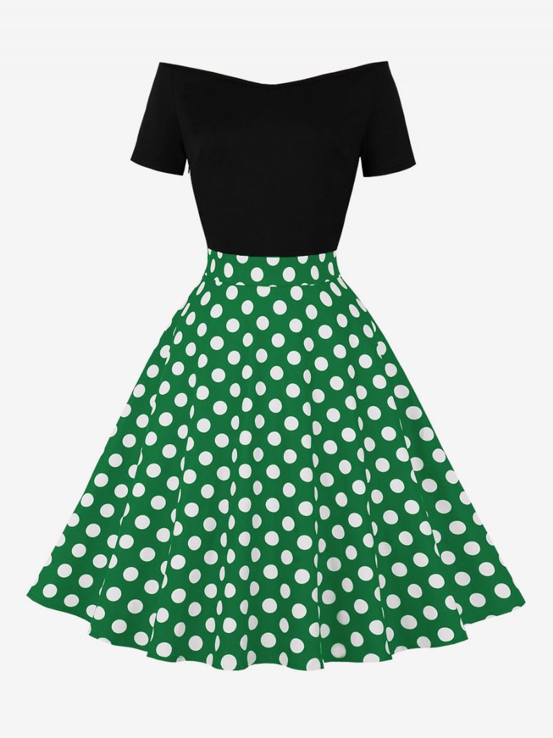 Kvinders Retrokjole 1950'erne Audrey Hepburn-stil Juvelhals Korte Ærmer Knælængde Polka Dot Rockabilly-kjole - Grøn