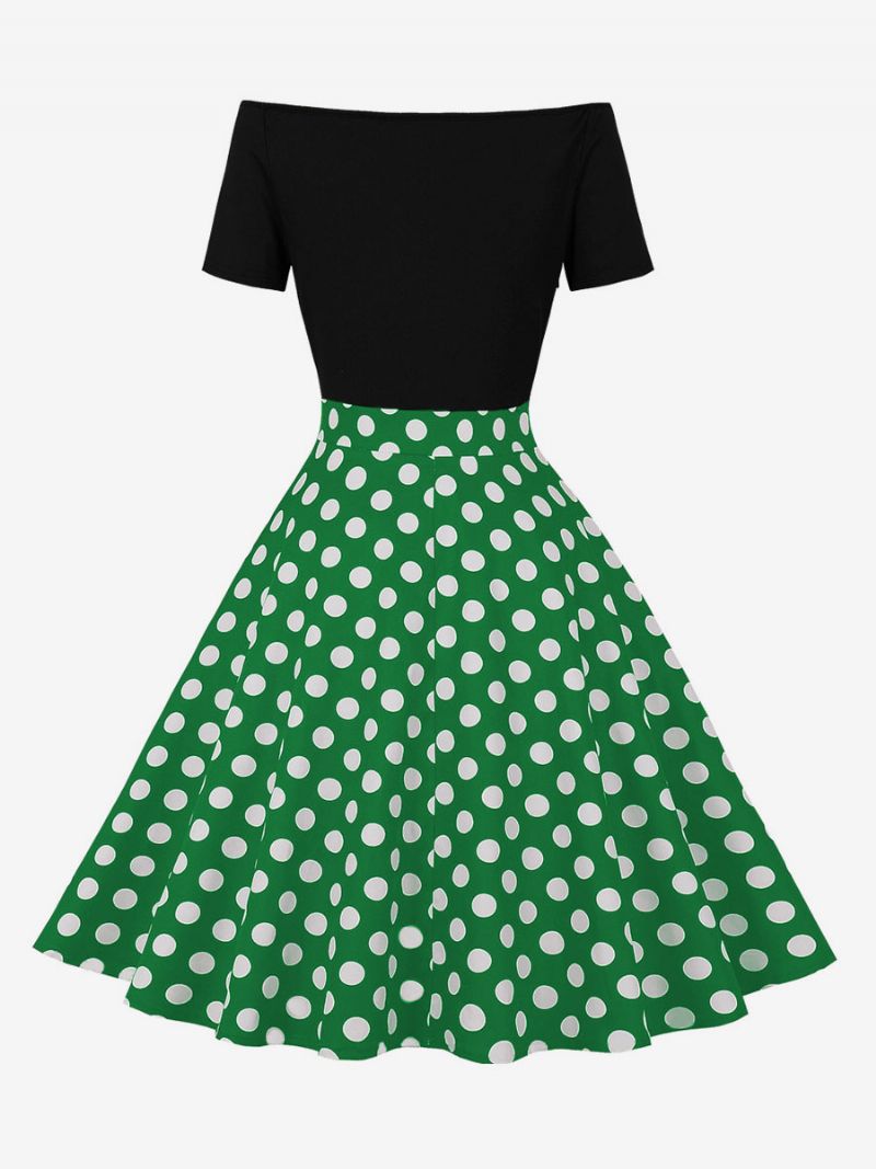 Kvinders Retrokjole 1950'erne Audrey Hepburn-stil Juvelhals Korte Ærmer Knælængde Polka Dot Rockabilly-kjole - Grøn